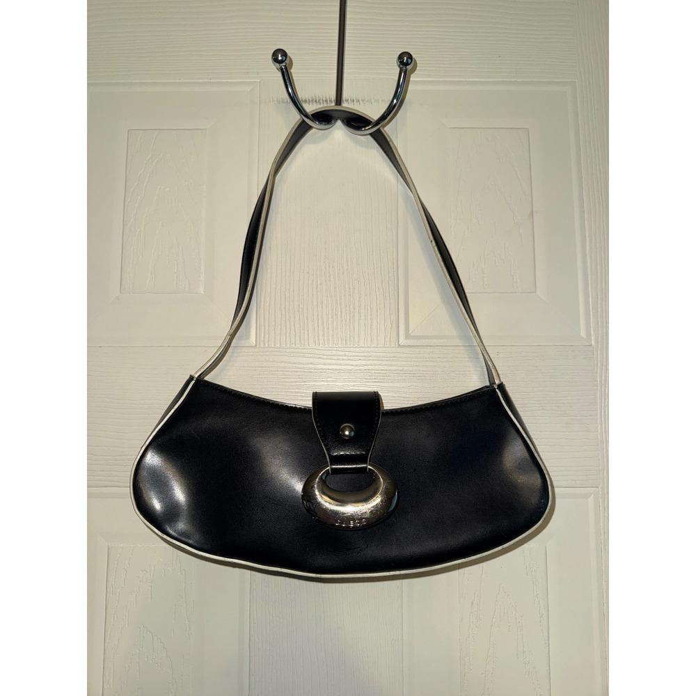 Guess Vintage Black Faux Leather Baguette Shoulder Bag Silver Buckle Y2K OS